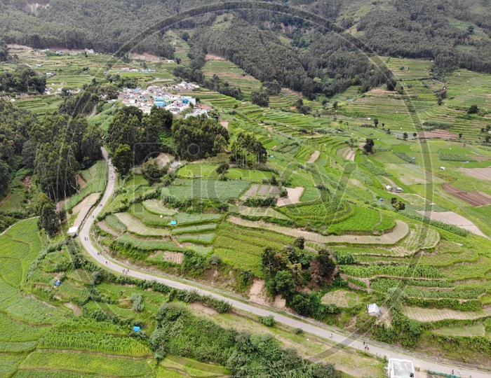Aerial View Of  Munnar Tea Plantations And Village With Houses