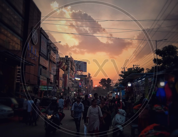Sunset at busy street