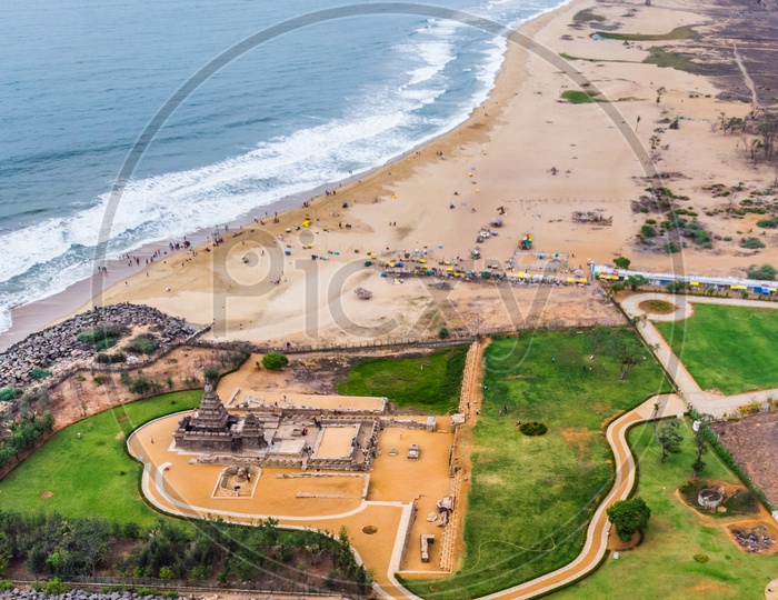 Aerial View Of  Mahabalipuram Beach With Shore Temple