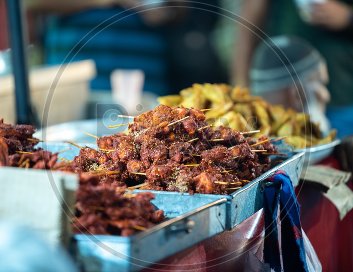 Chicken Kababs Or Chicken  Starters  or Food  Around Charminar Selling  Especially For The Ramdan or Ramzan Season In Vendor Stalls