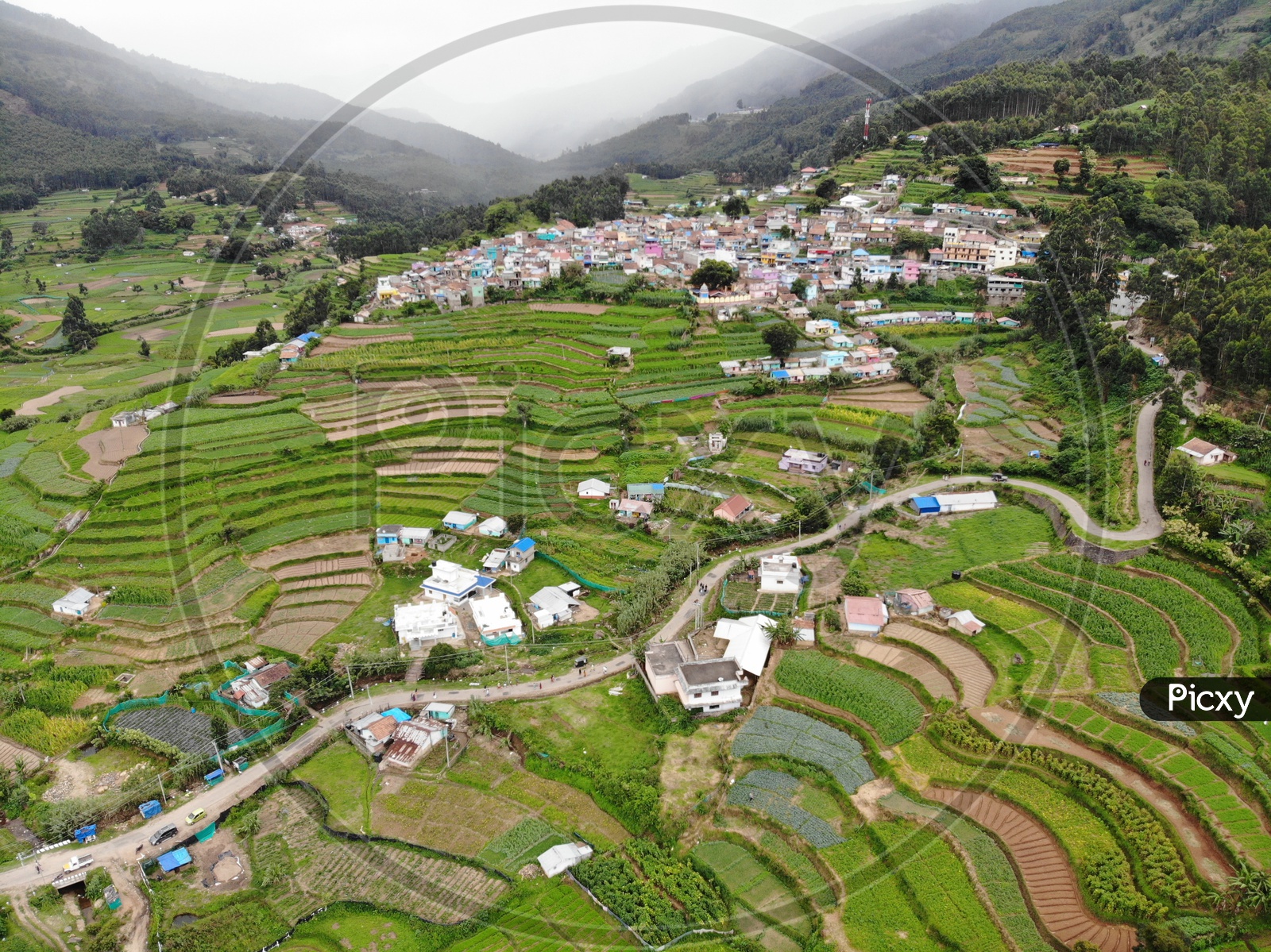 Aerial View Of  Munnar Tea Plantations And Village With Houses