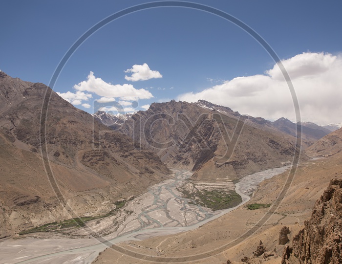 River Valleys With A View Of Snow Capped  Mountains And Sedimentary Hills In Spiti Valley