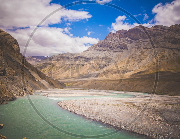 Landscape View with Snow Capped Mountains And Villages In The  River Valleys of Spiti Valley