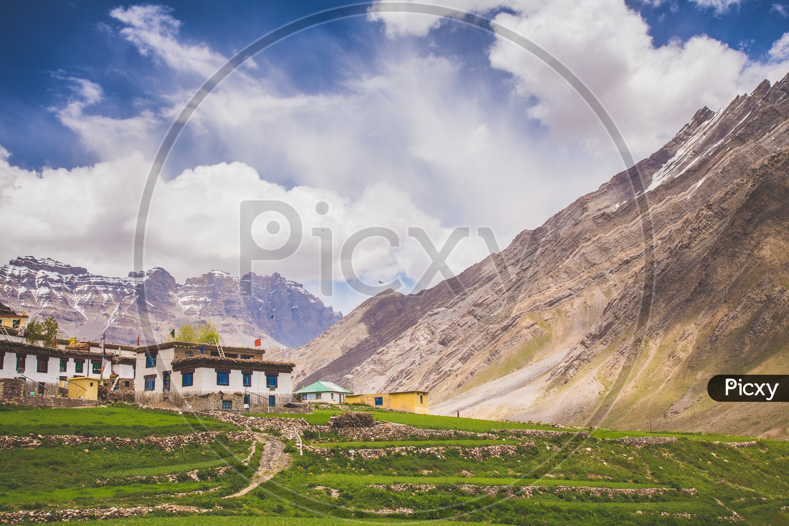 Houses On the Terrain Villages Of Spiti Valley With a Snow Capped Mountains In  The  Background