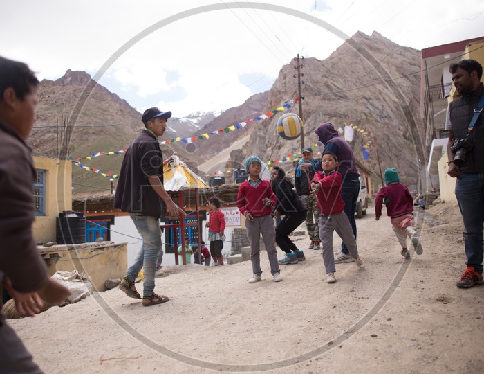 School Kids Or Children Playing  Volleyball   In The Villages Of  Spiti Valley