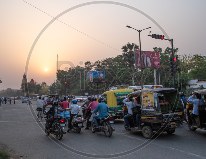 Vehicles Waiting at a Signal Near Sri Sri Panchrupi Hanuman Mandir  in Patna City