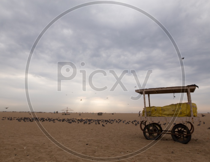 A Composition Shot Of  A Vendor Stall With A Group Of Pigeons  In Background in a Beach