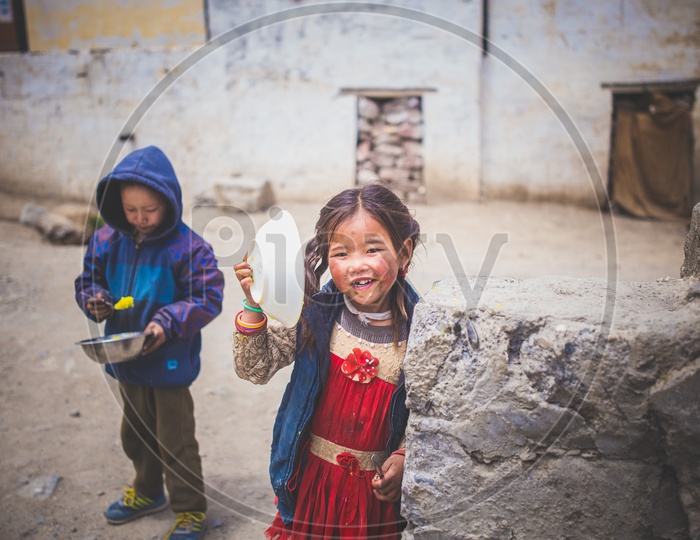School Kids Or Children In The Villages Of  Spiti Valley