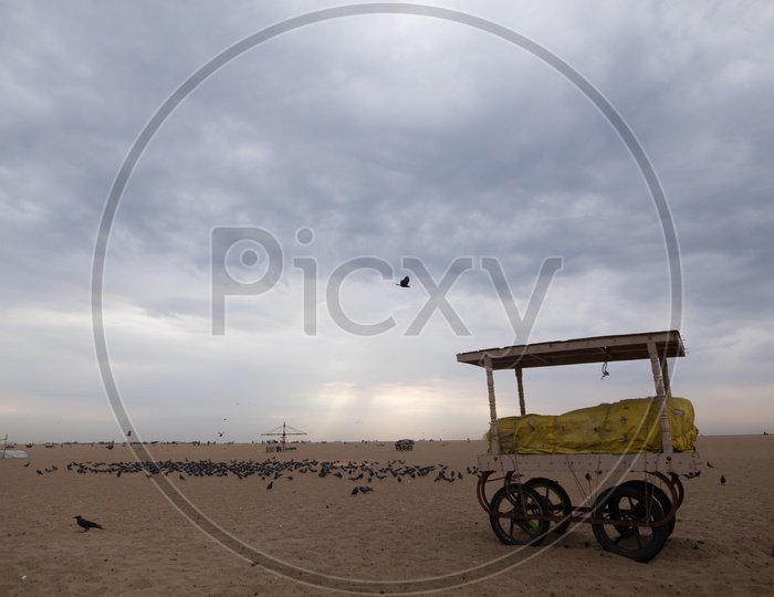 Composition Shot Of  A Vendor Stall In a Beach With A Group Of Pigeons