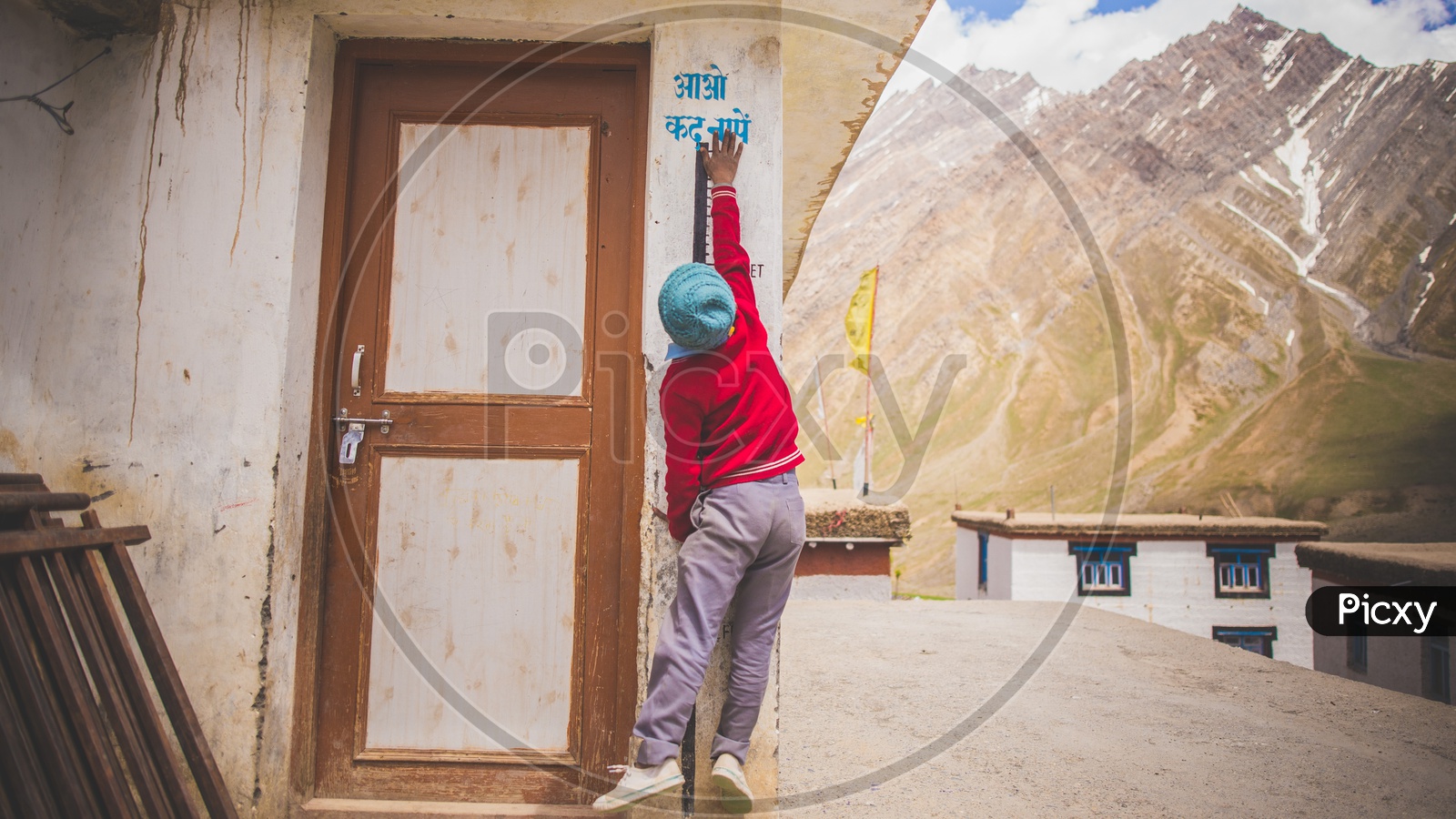 School Kids Or Children   Measuring Their Height at a Scale In The Villages Of  Spiti Valley