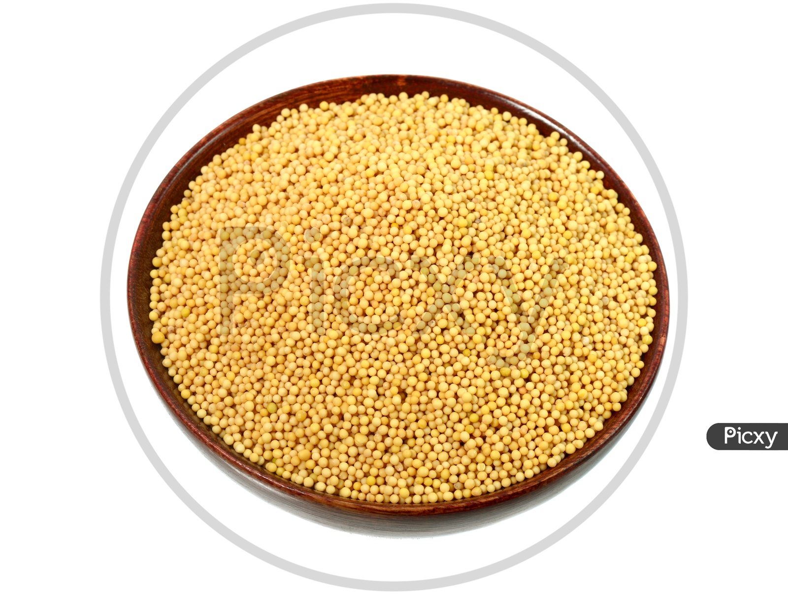 Image of yellow mustard seeds in a bowl isolated on white backgroundRI293398Picxy
