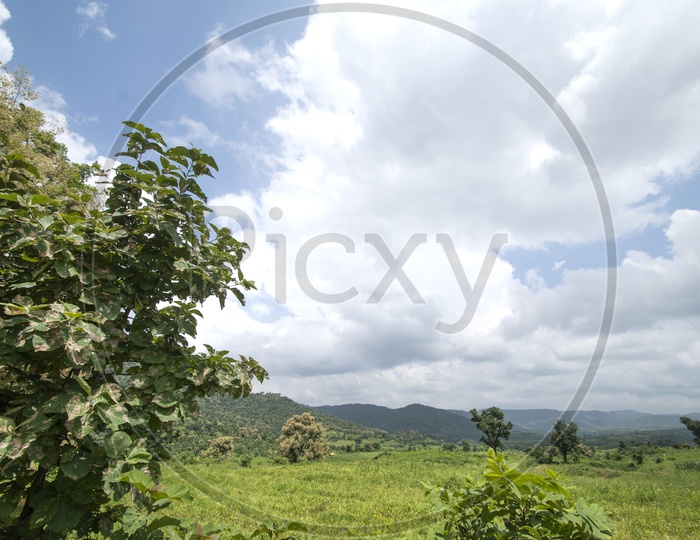 A Landscape With Agricultural Fields And Cotton Clouds in The Blue Sky