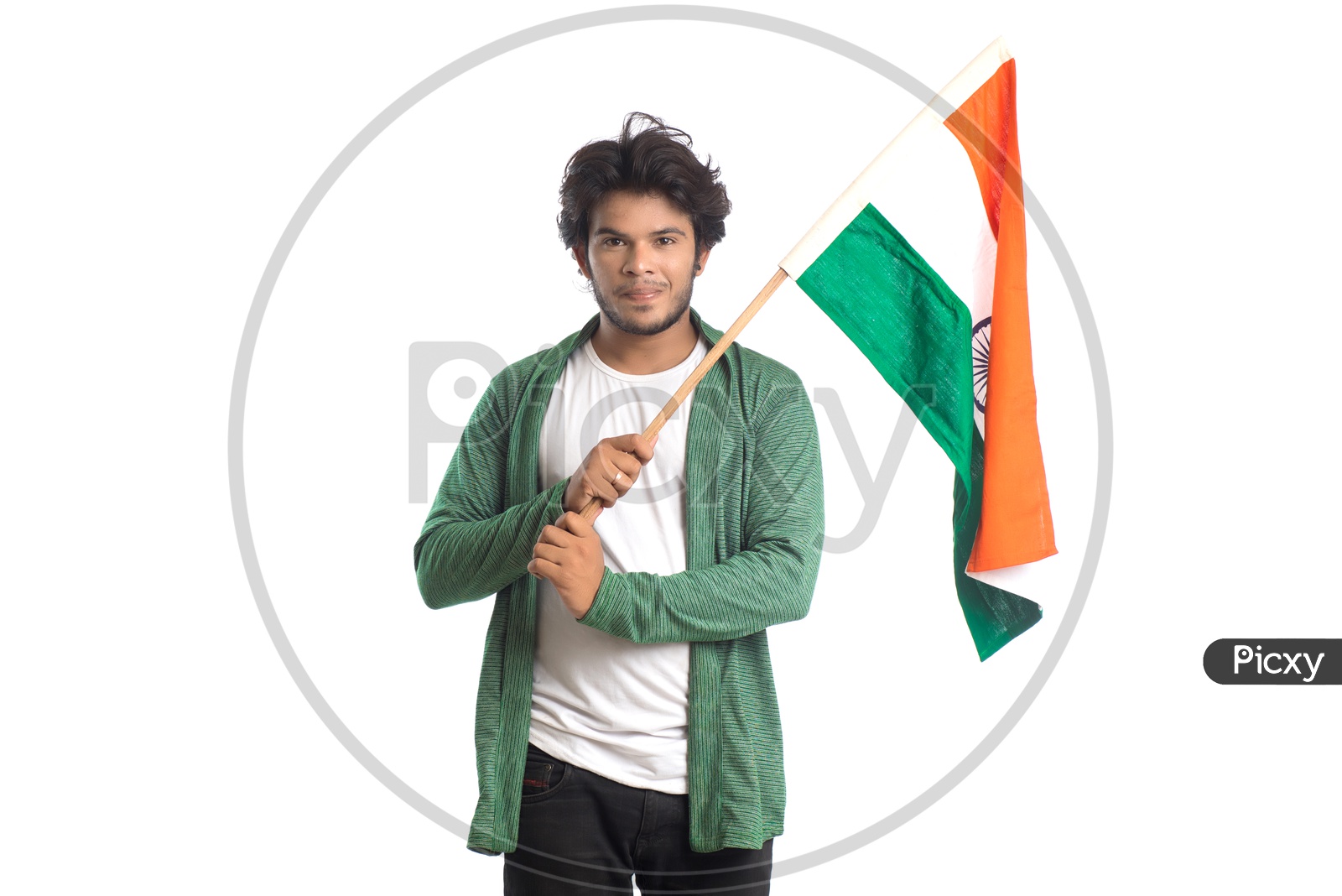 A Young Indian man Holding and Waving   Indian National Flag ( Tri Color )  Over a White Isolated Background