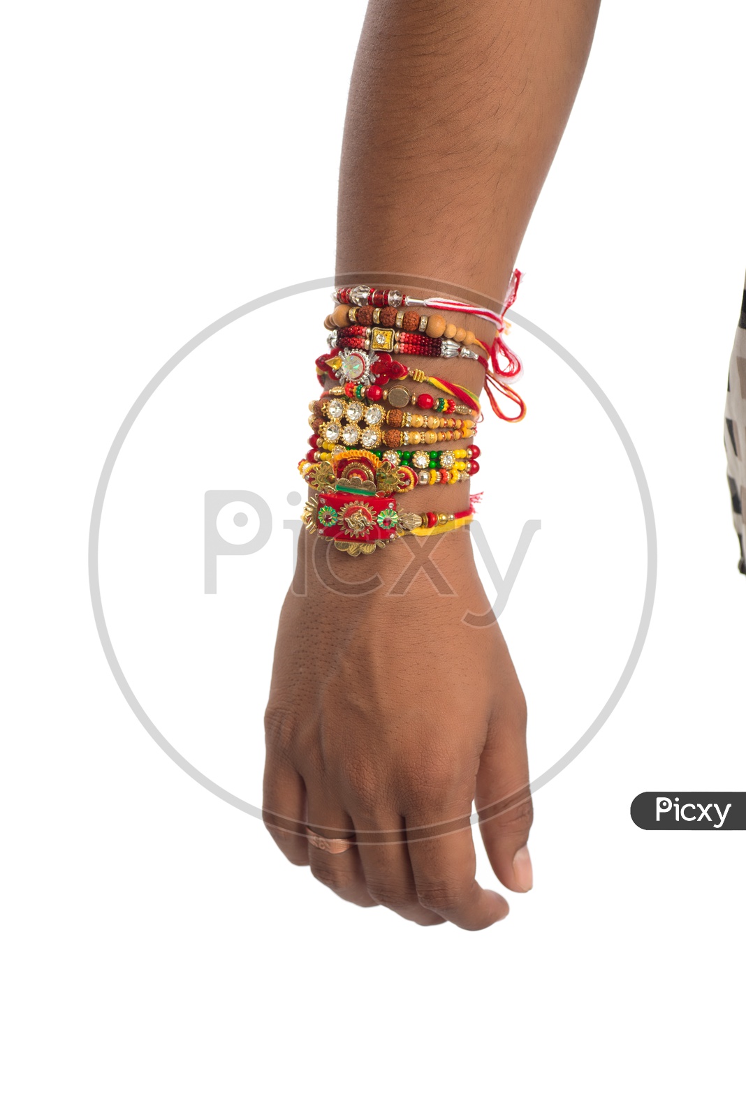 Indian Young Man Hand Tied With Elegant Rakhis  On an Isolated White Background