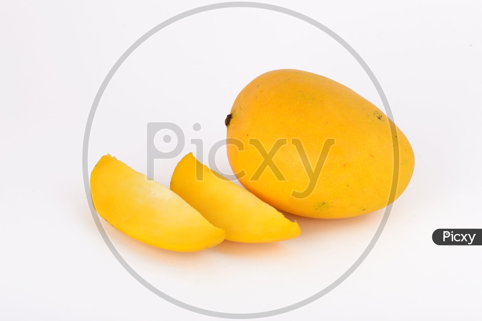 Fresh Ripen Mangoes And Mango Slices On an Isolated White  Background