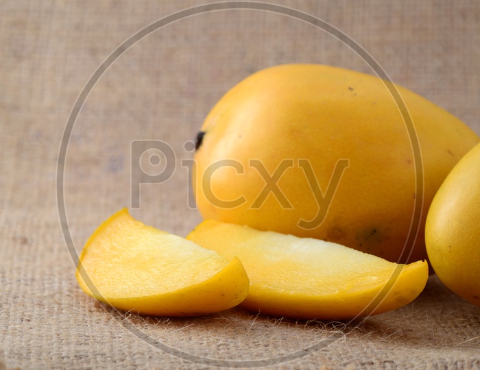 Fresh Ripen Mangoes And Mango Slices On a Sack Cloth Background