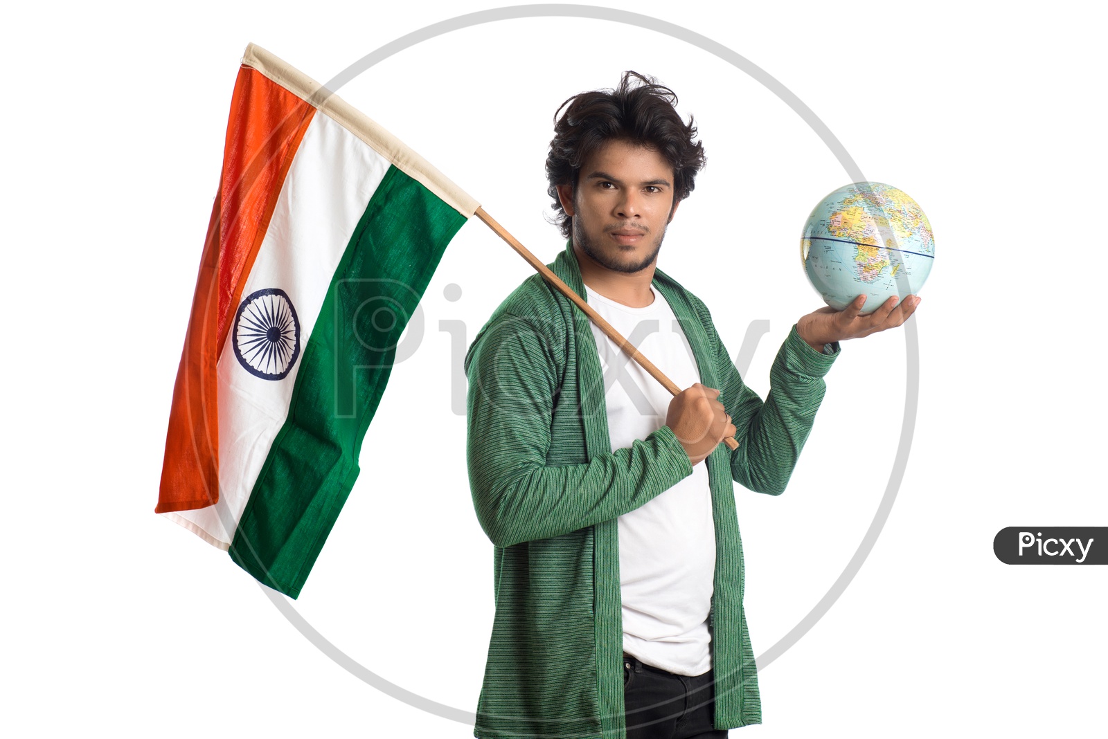 A Young Indian man Holding  Indian National Flag ( Tri Color )  And World Globe  In Hands And Posing Over a White Isolated Background