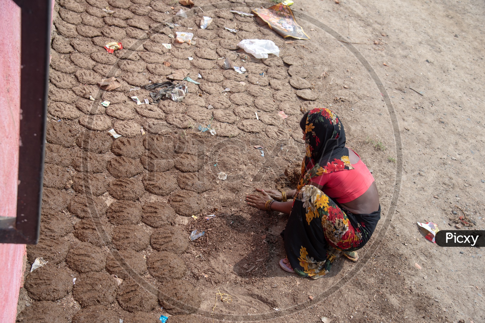 A Woman Making The Dry Dung Fuel or Dung Cakes  at Kangan Ghat or Chimney Ghat , Patna