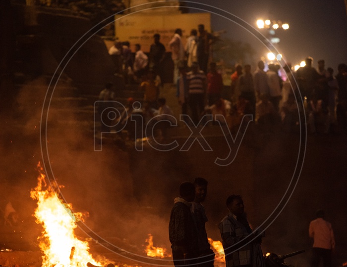 Dead Bodies Being Burnt  As a Ritual of Indian Hindu Devotees  at  Manikarnika Ghat  In Varanasi