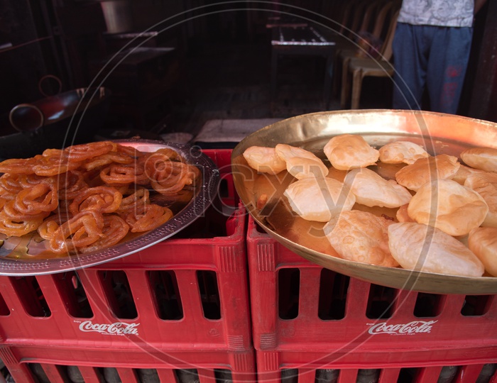 Indian Sweet Savouries  Jalebi or Jilebi  In a Vendor Stall or Sweet Stall