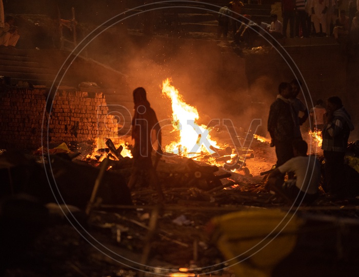 Dead Bodies Being Burnt  As a Ritual of Indian Hindu Devotees  at  Manikarnika Ghat  In Varanasi