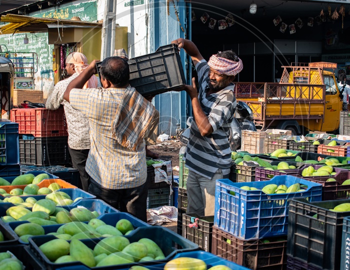 Workers carrying mango baskets at Kothapet Fruit market, Dilsukhnagar, Hyderabad.