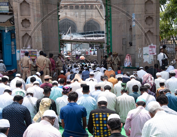 Muslims Doing Namaz  or Prayers As  A  Group  in Ramzan Or Ramadan At Mecca Masjidh or Mosque at Charminar