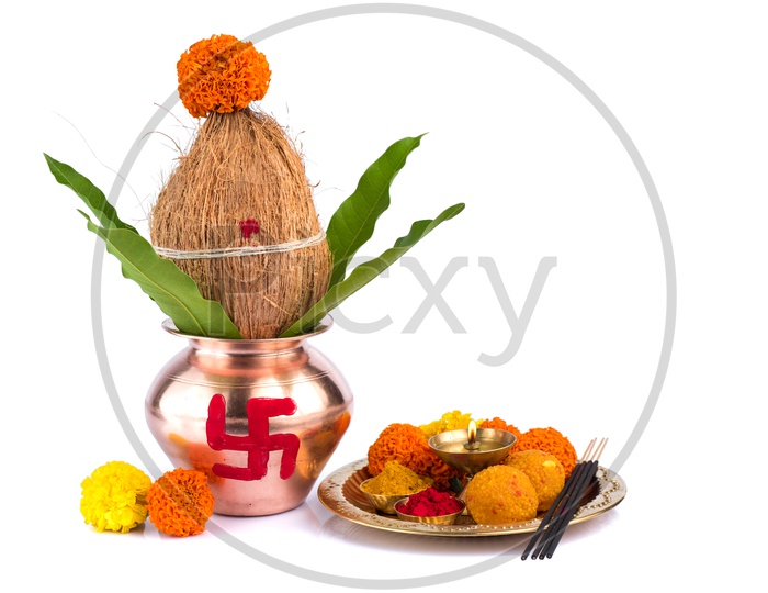 Indian Hindu Pooja Kalash and Pooja Thali Or Pooja Plate  for Festivals And Worshipping Hindu Gods