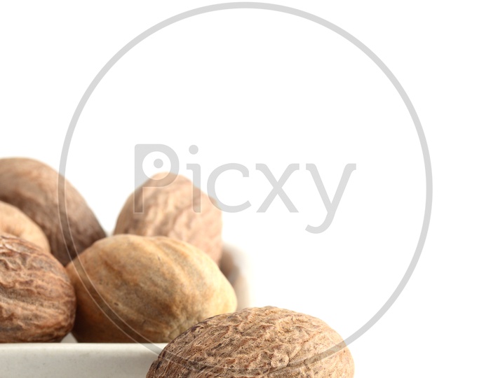 Indian Spice Nutmeg In a White Plate On an Isolated White Background