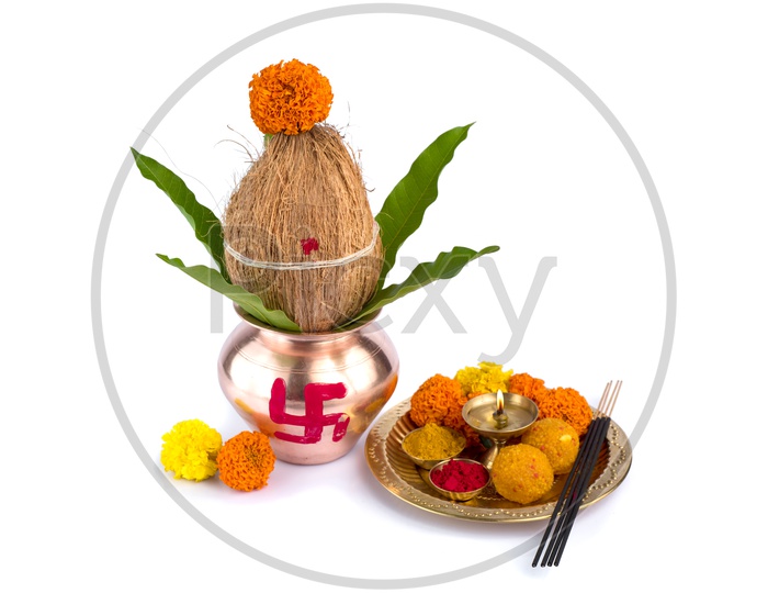 Indian Hindu Pooja Kalash and Pooja Thali Or Pooja Plate  for Festivals And Worshipping Hindu Gods