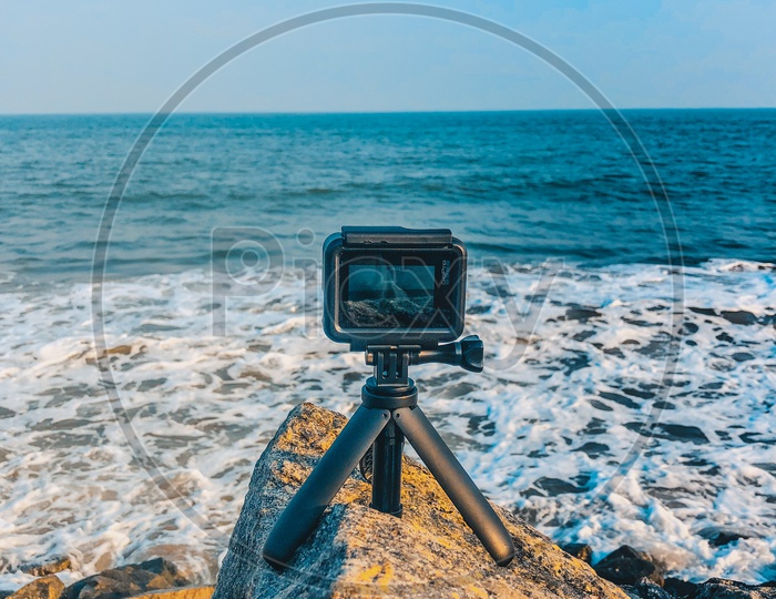 GoPro Hero 7 Black recording a time-lapse alongside the beach