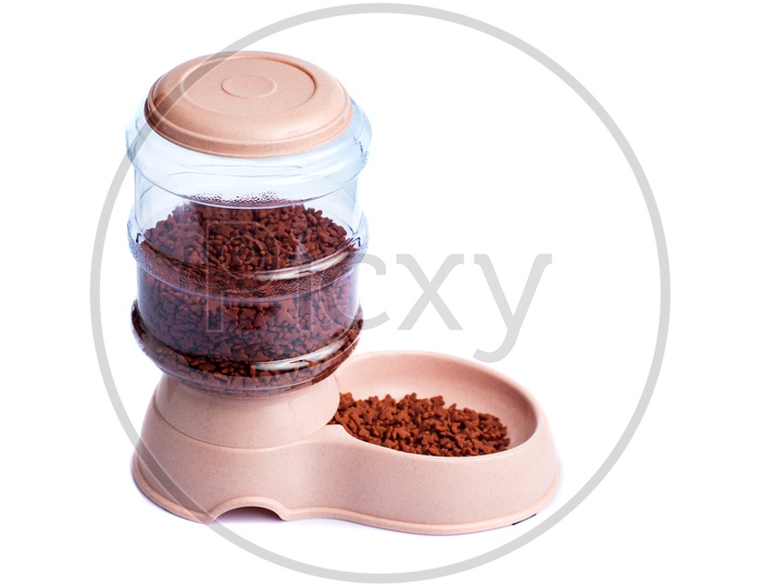 Pet Dry Food Feeder Or Food Storage Or Dog Feed Dispenser  on an Isolated White Background