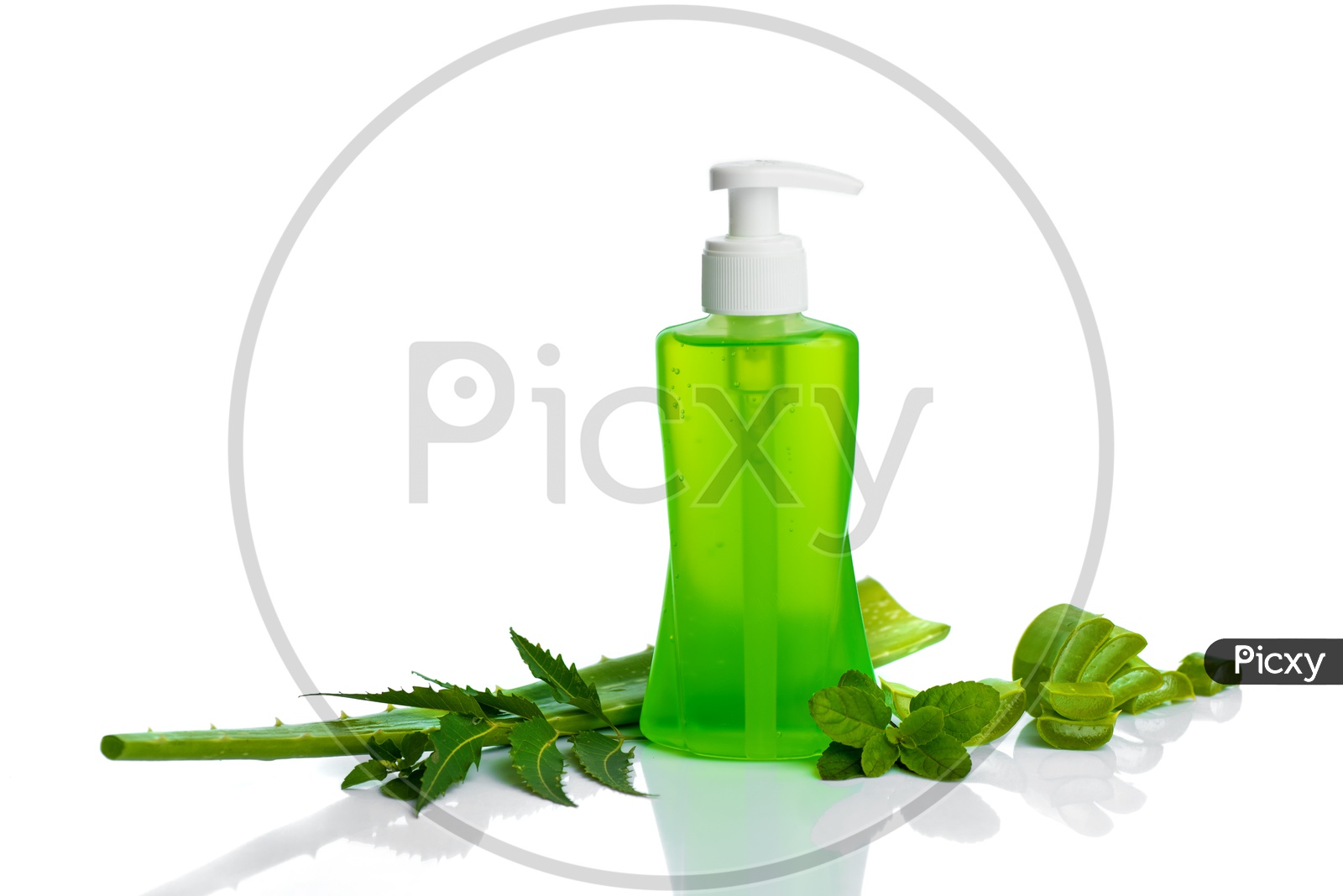 A Bottle Of Liquid Soap Or Face wash Or Face Cream Dispenser Filled With Aloe Vera  Gel  Along With Aloe Vera Slices And Neem Leafs  on an Isolated White Background