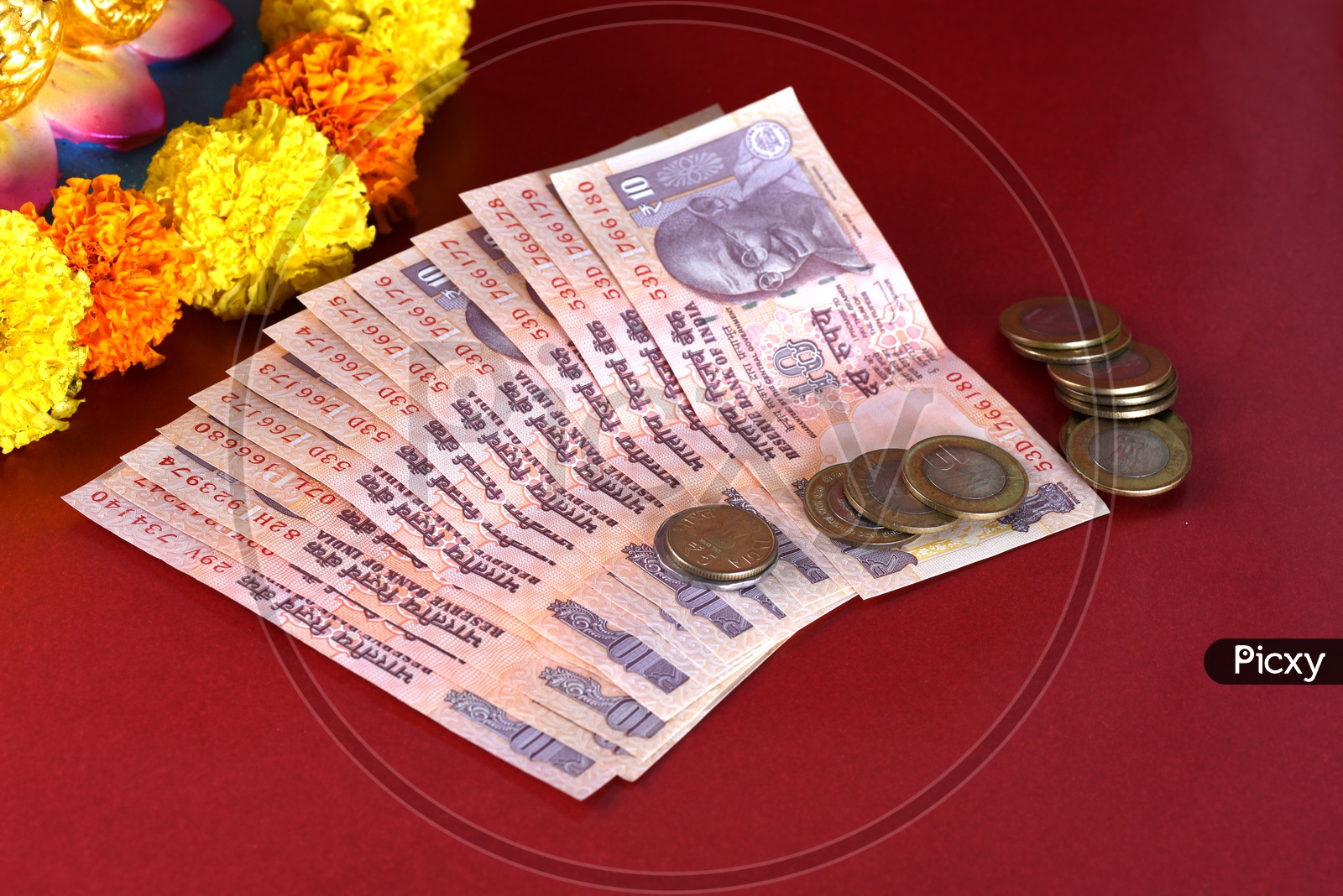 Indian Currency Or Money At Indian Goddess Lakshmi Idols As a Offering To God On Festival Day