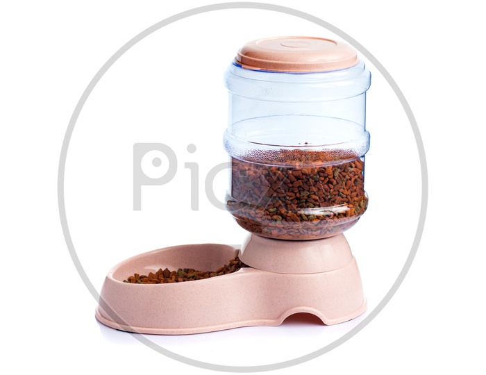 Pet Dry Food Feeder Or Food Storage Or Dog Feed Dispenser  on an Isolated White Background