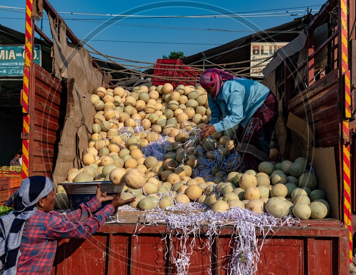 A woman unloading the muskmelon fruits from a lorry at Kothapet Fruit market, Hyderabad.