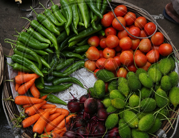 Vegetables In a Basket At a Road Side Vegetable Vendor  Stall