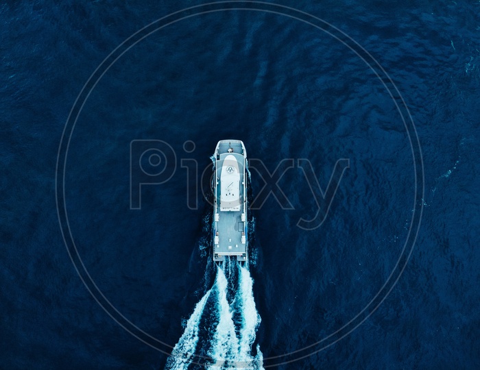 An aerial shot of a boat
