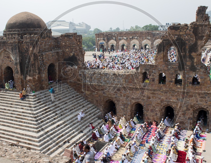 Muslims offering namaz prayer on Eid at Jami Masjid, Feroz Shah Kotla fort in Delhi
