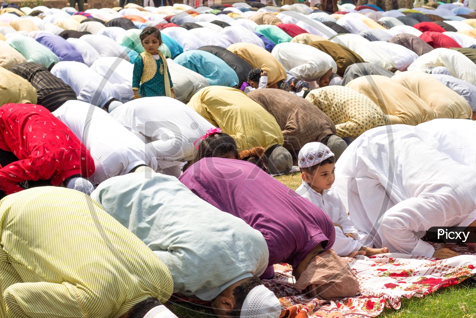 Muslims offering namaz prayer on Eid at Feroz Shah Kotla fort park in Delhi