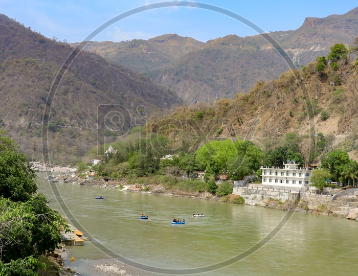 Tourists  rafting in the Ganges river in Rishikesh
