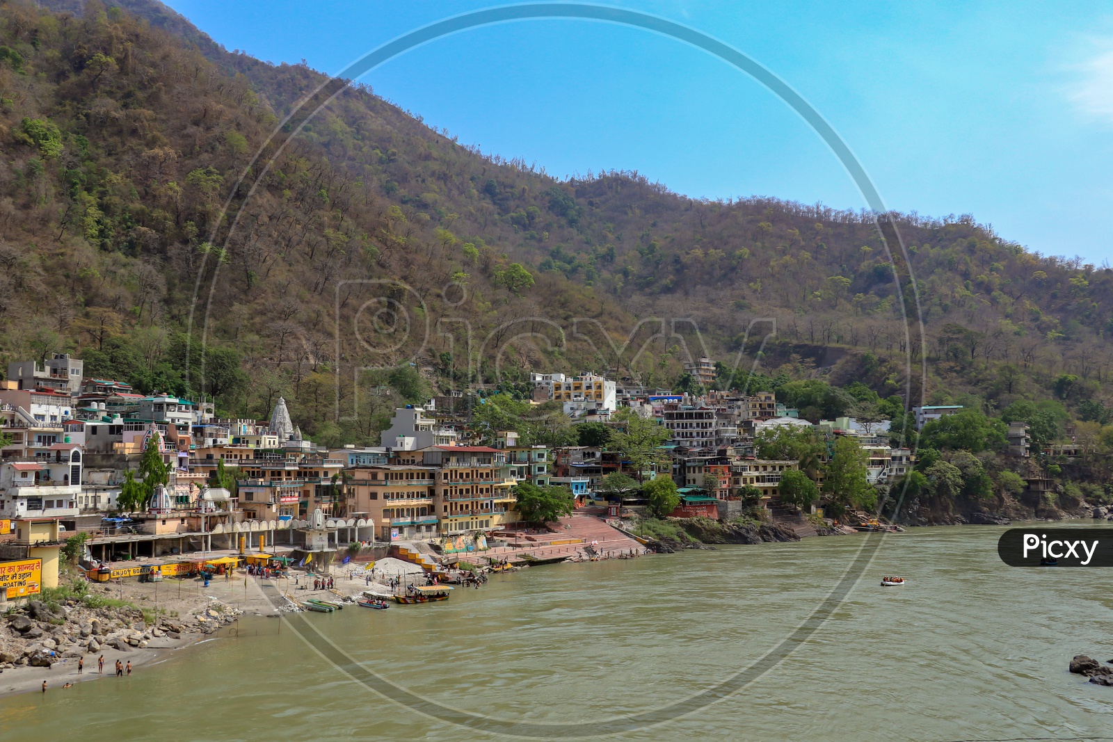 Hindu temples and buildings on the banks of River Ganges