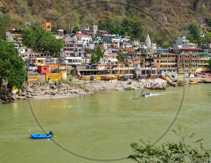 Hindu temples and buildings on the banks of river Ganges