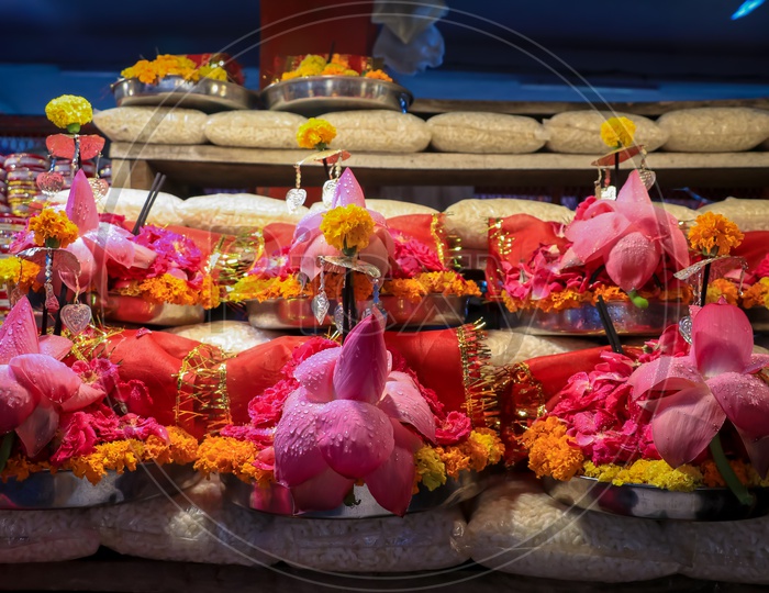 Pooja items being sold at a temple shop