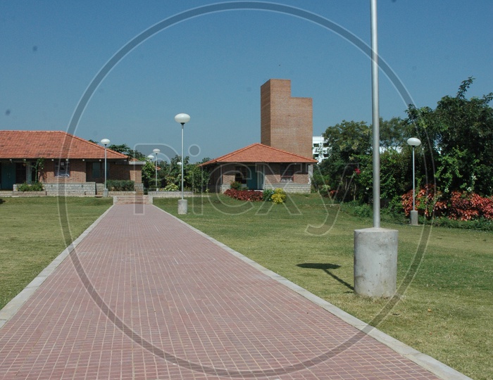 Pathways  in a Lawn Garden With Lamp Posts
