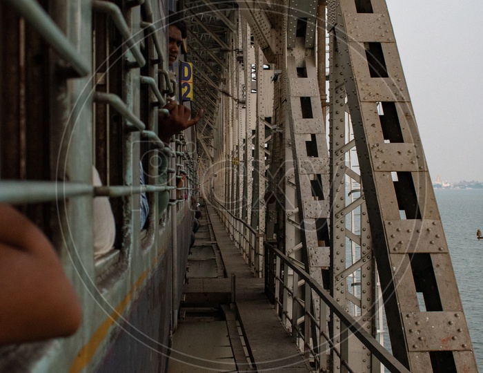View of Godavari bridge shot from a moving train, Rajahmundry, Andhra Pradesh.