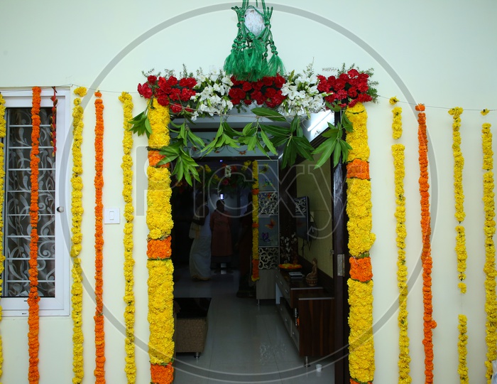 Marigold Flower Garlands Decorated In Indian Houses For traditional Festivals And Functions