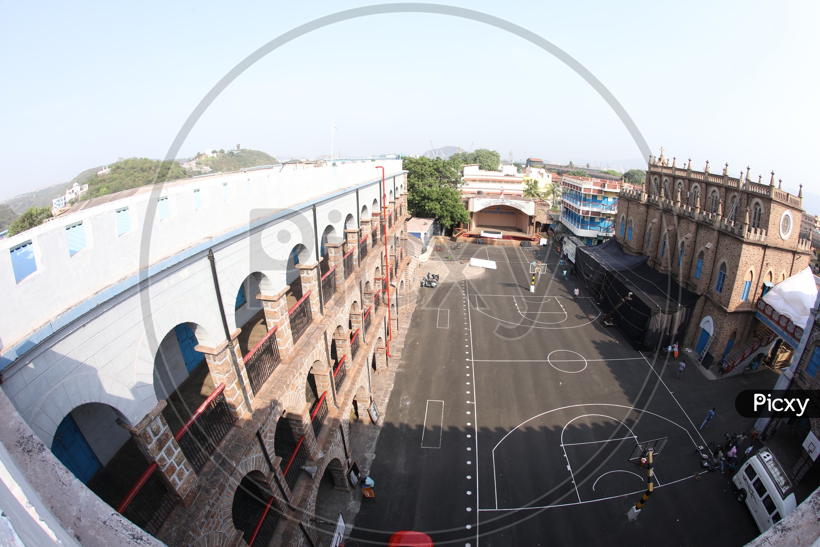 Aerial View Of a  Basketball Court In  a School Compound
