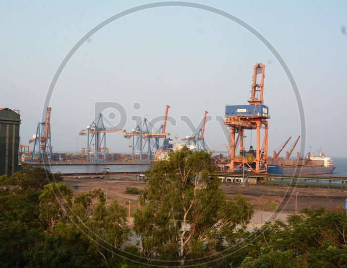 Heavy Machinery Cranes In Port