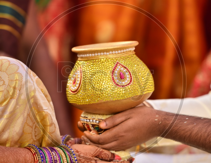 Rituals In Telugu Weddings Or Marriages  Hands Closeup Of bride And Bridegroom